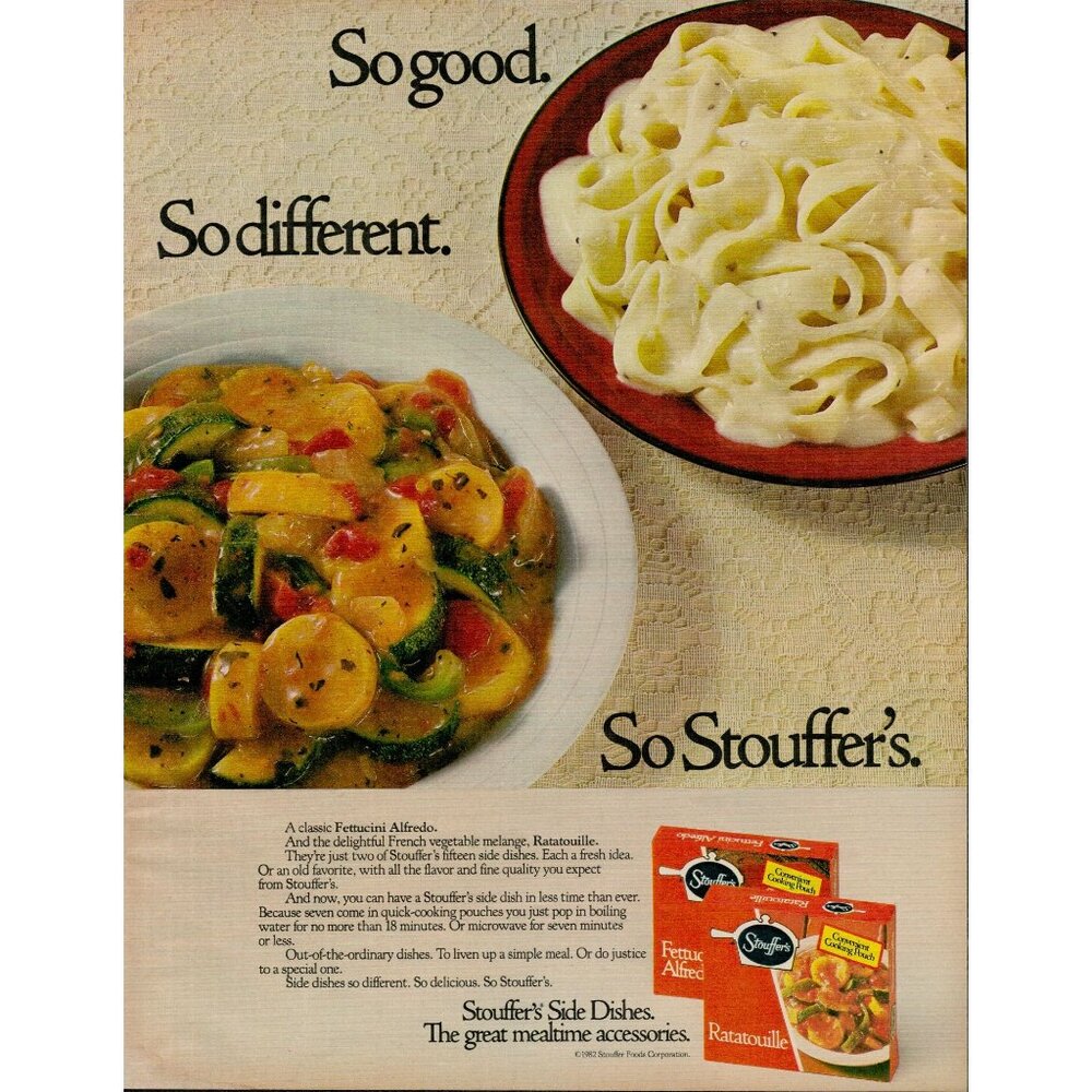 1982 Stouffer's Fettuccini Alfredo and Ratatouille Vintage Print Ad (L16)